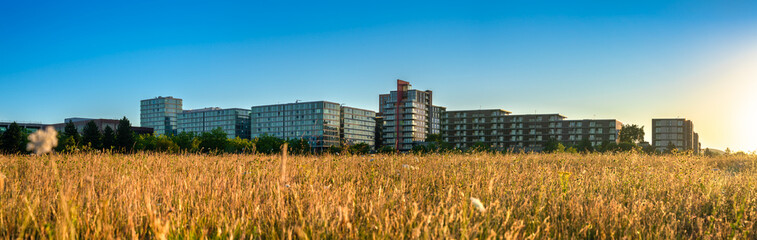 Milton Keynes city panorama at sunrise. England