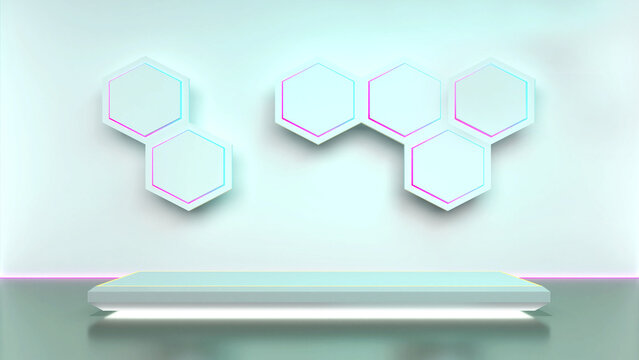 Futuristic rectangle stage podium for IT product with neon light and hexagon on bright background. 3D Render. 3D banner.