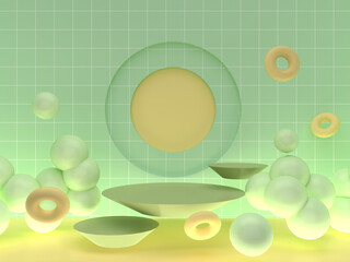 Green floating podiums with balls and rings on background for product presentation. Geometric 3D render.