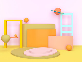 Space and planet theme podium on pink background for kid product presentation. Geometric 3D render.
