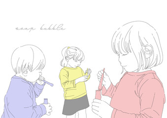 シンプルな線画シャボン玉遊びをする子供