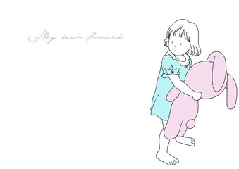 シンプルな線画大きな人形を抱きしめる幼児