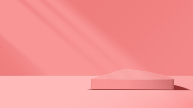 Triangle platform podium for product display, advertising, show, cosmetic, placed in Pink room at clean with window shadow and sunlight backdrop. Minimal style. Vector illustration.