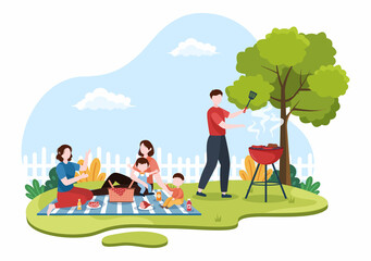 Obraz na płótnie Canvas BBQ or Barbecue with Steaks on Grill, Toaster, Sausage, Chicken, Vegetables and People on Picnic or Party in the Park in Flat Cartoon Illustration