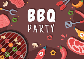 BBQ or Barbecue with Steaks on Grill, Toaster, Plates, Sausage, Chicken and Vegetables in Flat Background Cartoon Illustration