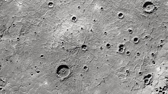 Caloris Planitia. Zoom out. Surface of Planet Mercury. Realistic 3D render of mercury.  "Elements of this image are furnished by NASA." [ProRes - UHD 4K]