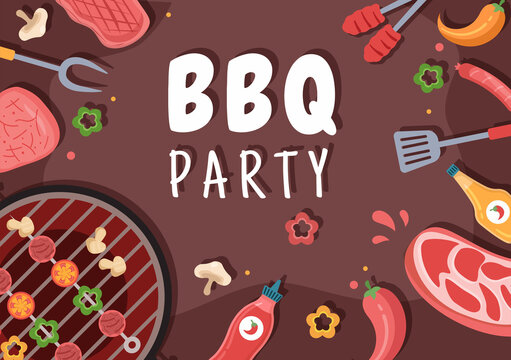 BBQ or Barbecue with Steaks on Grill, Toaster, Plates, Sausage, Chicken and Vegetables in Flat Background Cartoon Illustration