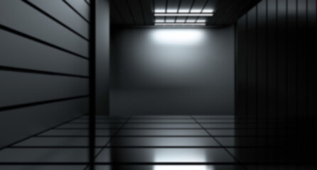 Black and white blurred hangar. Sci-fi dungeon garage in blur. Black dungeon abstract background.3D render.