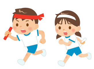 体操服にハチマキをしてジャンプする男の子と女の子