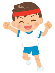 体操服にハチマキをしてジャンプする男の子