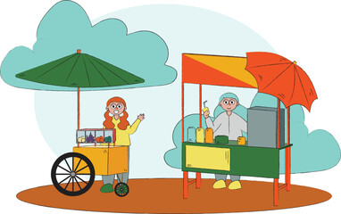 Hand drawn street food vendor concept. Fruit selling cart and juice stall flat vector illustration background.