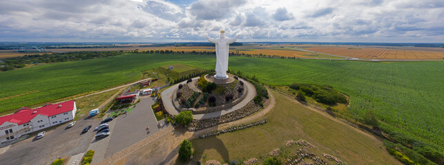 Aerial view of Christ the King Statue in Swiebodzin, Poland. Drone shot.