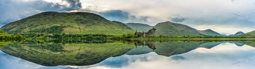 Panorama of The ruins of Kilchurn castle on Loch Awe, the longest fresh water loch in Scotland