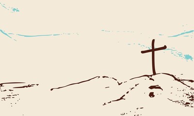 Christian cross on Golgotha mountain. Religion concept illustration. Jesus Christ Crucifixion.