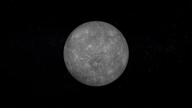 Planet Mercury in 360 degree rotation. Realistic 3D render of mercury and stars. Mercury from space. [ProRes - UHD 4K]