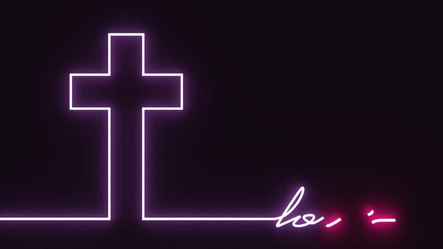 Thin line drawing of neon shine cross and love word. Religion concept. 3D render
