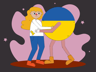 Hand drawn woman embracing Ukraine man. Pray for peace in Ukraine. Stop war in Ukraine. Flat vector illustration background.