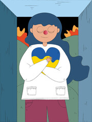 Hand drawn woman embracing Ukraine heart. Pray for peace in Ukraine. Stop war in Ukraine. Flat vector illustration background.