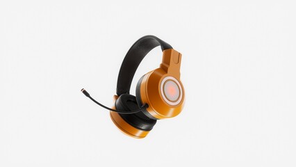 Naklejka premium Orange headphones isolated in white background, 3D representation, 8k, music metaphor, listen to music.