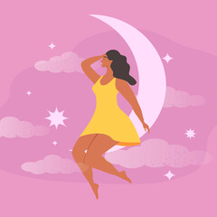vector illustration on the theme of dreams, fantasies, good sleep. a young woman sits on a crescent surrounded by stars and clouds