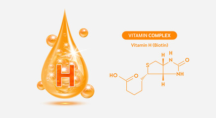Vitamin H drop and structure isolated on white background. Vitamin solution complex orange balls with bubbles. Beauty treatment nutrition skin care design. Medical scientific concepts. 3D vector.
