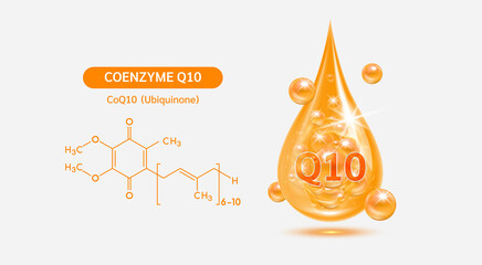 Vitamin Coenzyme Q10 drop and structure isolated on white background. Vitamin solution complex orange balls with bubbles. Beauty treatment nutrition skin care design. 3D vector.