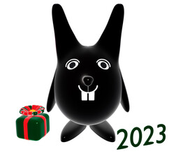 Cartoon plastic black cute rabbit - symbol of 2023 year, gift box and number 2023 isolated on a white background, 3d illustration