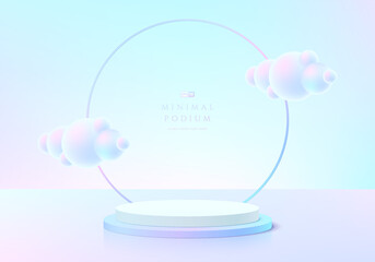 Abstract 3D room with realistic blue hologram color cylinder podium. Pastel cloud flying and ring background. Minimal scene for mockup product display. Vector geometric forms. Round stage showcase. - obrazy, fototapety, plakaty