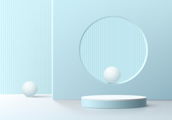 Abstract 3D room with realistic blue and white cylinder pedestal podium. Vector rendering geometric forms. Minimal wall scene for mockup product display. Round stage showcase. Vector illustration.