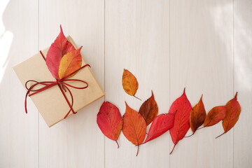 Autumn greeting background. Colorful autumn leaves and gift box composition on white wooden background. Thanksgiving, Fall greeting, autumn festival background and Banner design elements.