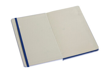 White notebook placed open on white background. Top view.