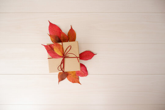 Autumn greeting background. Colorful autumn leaves and gift box composition on white wooden background. Thanksgiving, Fall greeting, autumn festival background and Banner design elements.