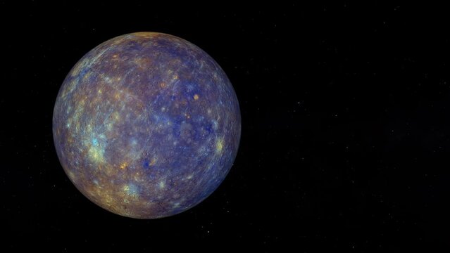 Planet Mercury with enhanced Color. Text space on the right. Realistic 3D render of mercury and stars. Mercury in space. [ProRes - UHD 4K]