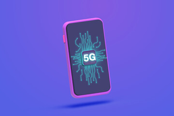 5G powered mobile phone interface, cute 3D model in purple background