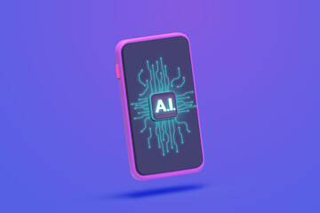 Artificial Intelligence powered Mobile phone screen depicting power of tech used in today's age in mobile apps,  smart marketing platforms, customer segmentation and running campaigns and advertising