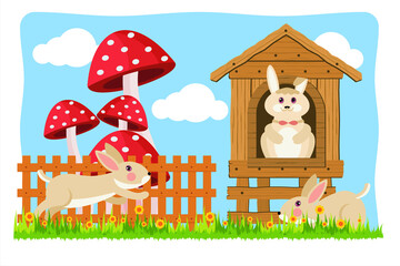 Obraz premium Cute little bunny. Easter Bunny. Illustration of a little bunny with a wooden house. Small wooden house