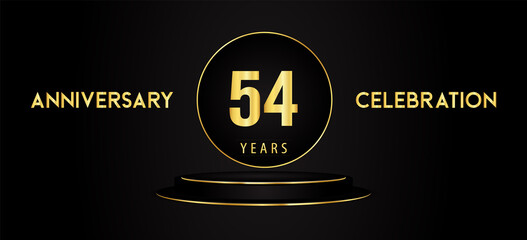 54 years anniversary celebration logotype with black and golden podium pedestal isolated on black background. Premium design for banner, poster, greeting card, weddings, birthday party, graduation.