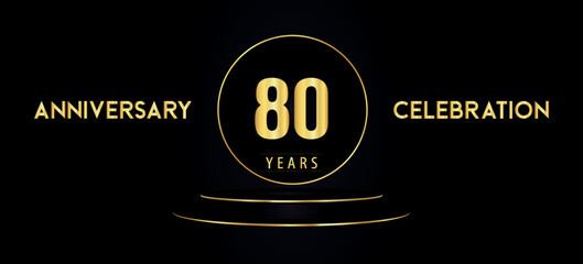 80 years anniversary celebration logotype with black and golden podium pedestal isolated on black background. Premium design for banner, poster, greeting card, weddings, birthday party, graduation.