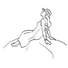 line art full length of woman with hat sitting on the rock illustration vector hand drawn isolated on white background