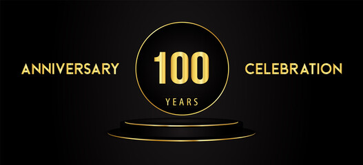 100 years anniversary celebration logotype with black and golden podium pedestal isolated on black background. Premium design for banner, poster, greeting card, weddings, birthday party, graduation.