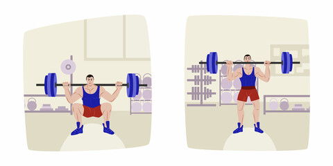 A man in the gym lifts a barbell. A set of vector illustrations. Flat illustrations. Exercise with a barbell.