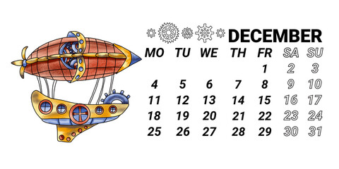 Page of the horizontal calendar for the year 2023 month of December. The zodiac sign Sagittarius in steampunk style is hand-drawn in watercolor. calendar for 2023 with fantastic zodiac signs