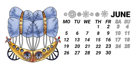 Page of the horizontal calendar for the year 2023 month of June. The zodiac sign Gemini in steampunk style is hand-drawn in watercolor. calendar for 2023 with fantastic zodiac signs