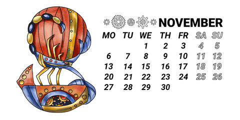 The page of the horizontal calendar for 2023  November. Zodiac sign Scorpio in steampunk style is hand-drawn in watercolor. calendar for 2023 with fantastic zodiac signs