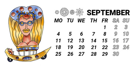 The page of the horizontal calendar for the year 2023 is September. The zodiac sign Virgo in steampunk style is hand-drawn in watercolor. calendar for 2023 with fantastic zodiac signs