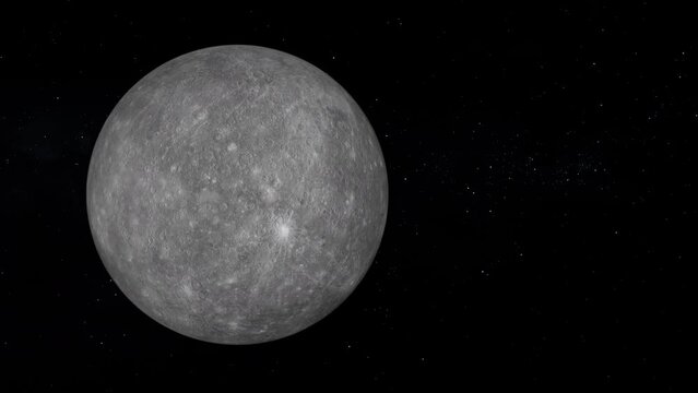Planet Mercury with text space on the right. Realistic 3D render of mercury and stars. Mercury from space. [ProRes - UHD 4K]