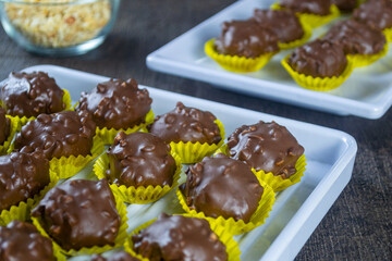 Fresh homemade chocolate peanut ball or bola bola coklat kacang. has a sweet taste