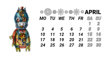 The page of the horizontal calendar for the year 2023 is the month of April. The steampunk-style robot horse is hand-drawn in watercolor. Fantastic calendar for 2023 with oriental animals