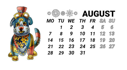 The page of the horizontal calendar for the year 2023 is the month of August. Robot dog in steampunk style is hand-drawn in watercolor. Fantastic calendar for 2023 with oriental animals
