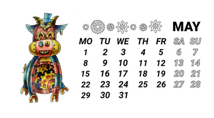 Fototapeta premium The page of the horizontal calendar for the year 2023 May month. Robot goat in steampunk style is hand-drawn in watercolor. Fantastic calendar for 2023 with oriental animals